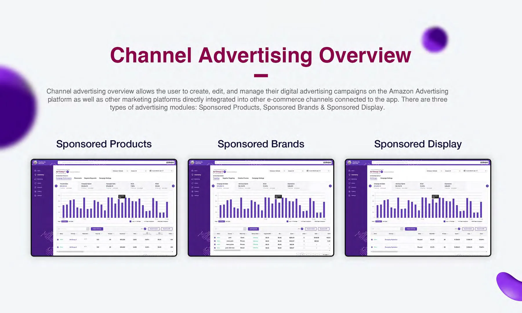 Advertising: overview and campaign controls within a shared product structure.