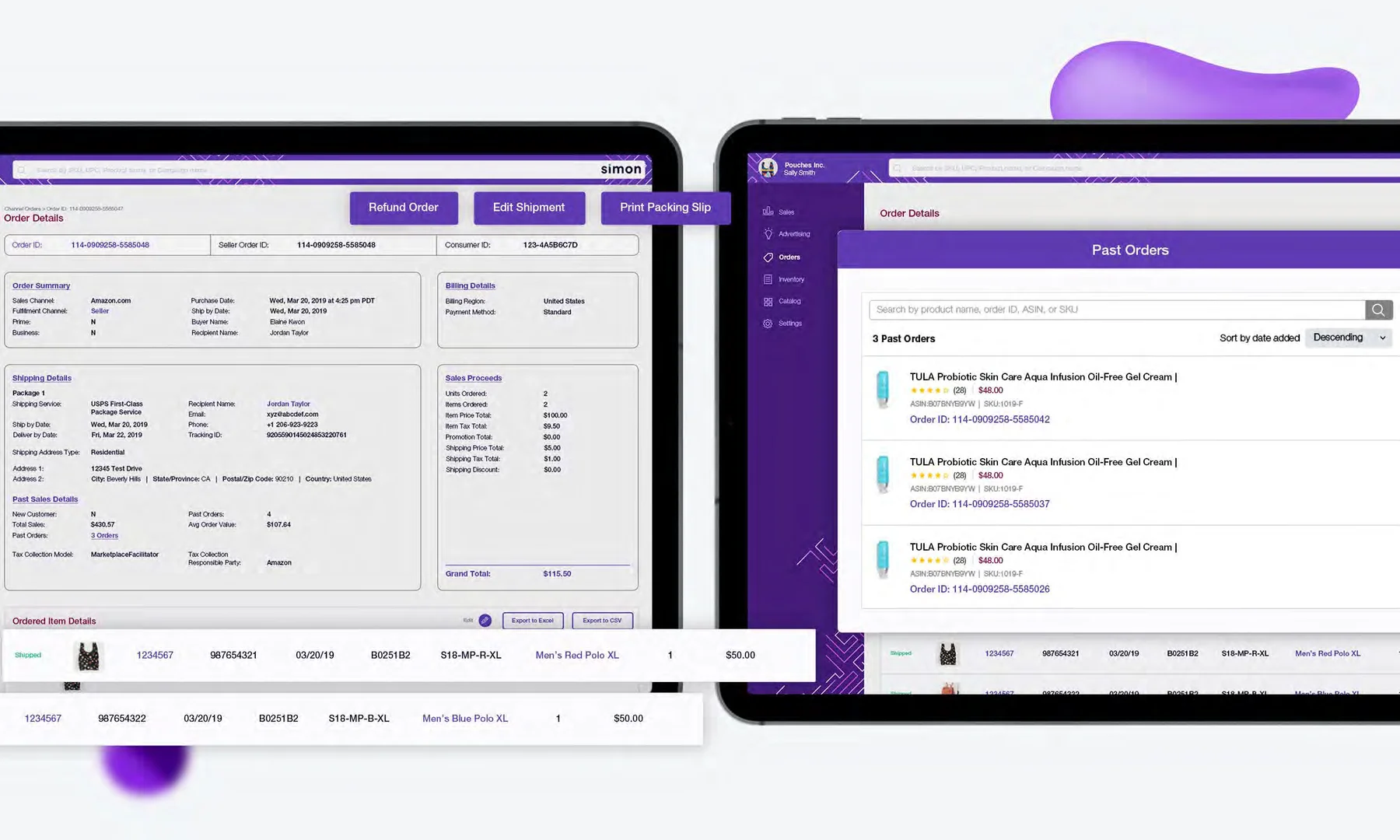 Order detail: transactional context alongside operational actions.