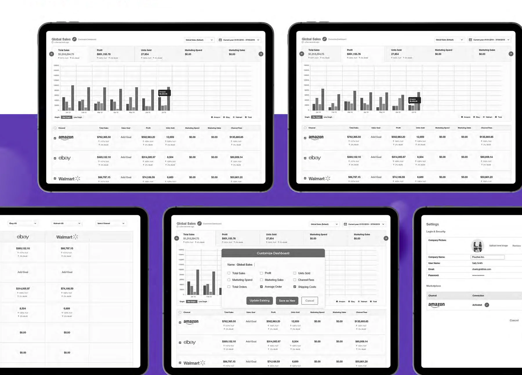 Wireframe studies: a recurring hierarchy of navigation, controls, charts and tabular detail.