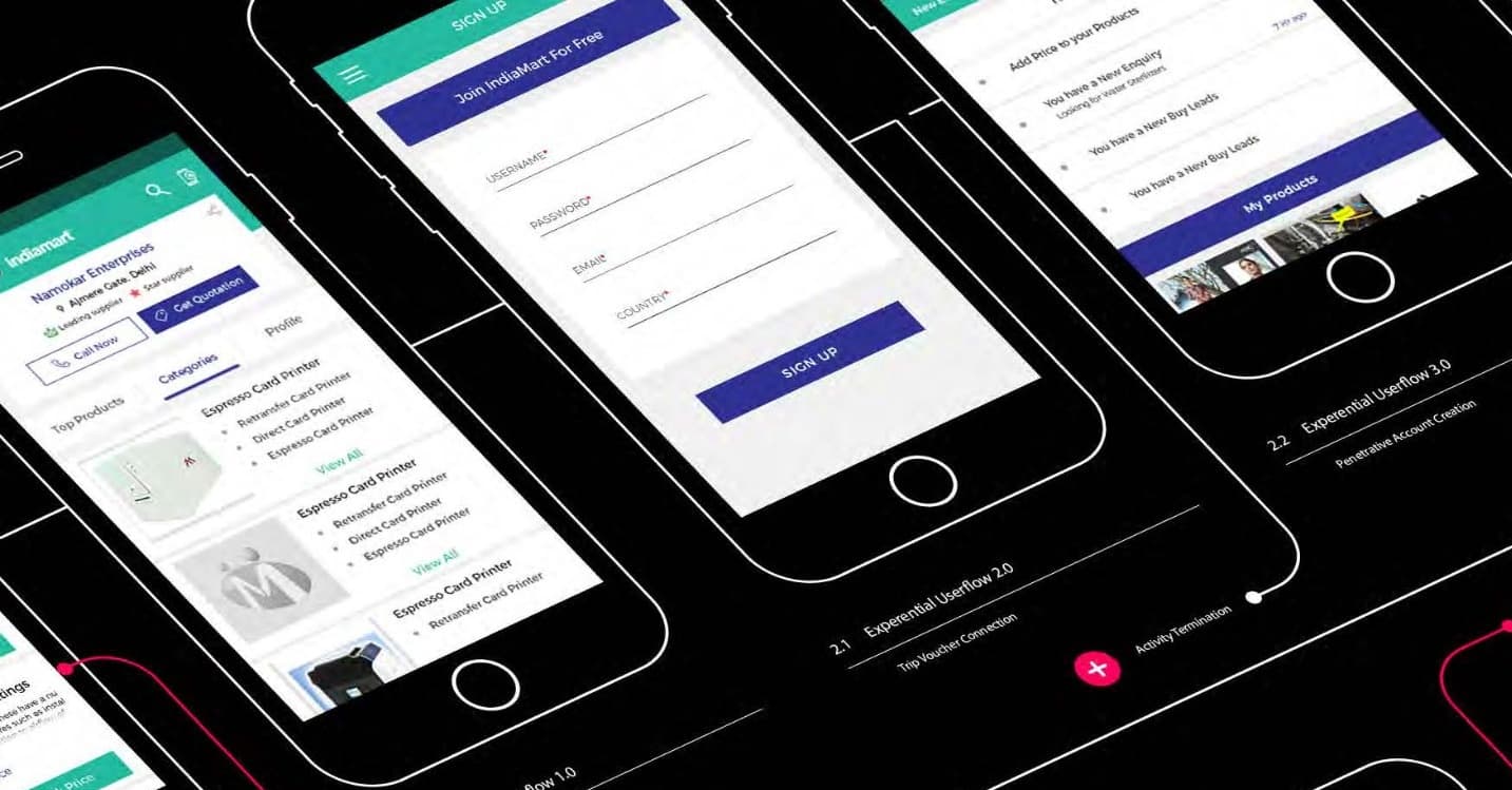 Journey architecture: supplier discovery, account entry and seller activity mapped across mobile flows.